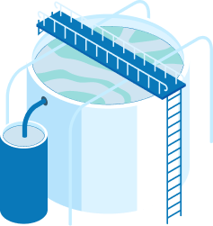 Illustration of a water storage tank with a ladder and pipe system for water distribution.