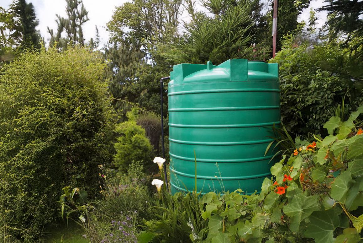 Green plastic water storage tank in a lush garden, cylindrical green tank surrounded by shrubs, flowering plants, and trees
