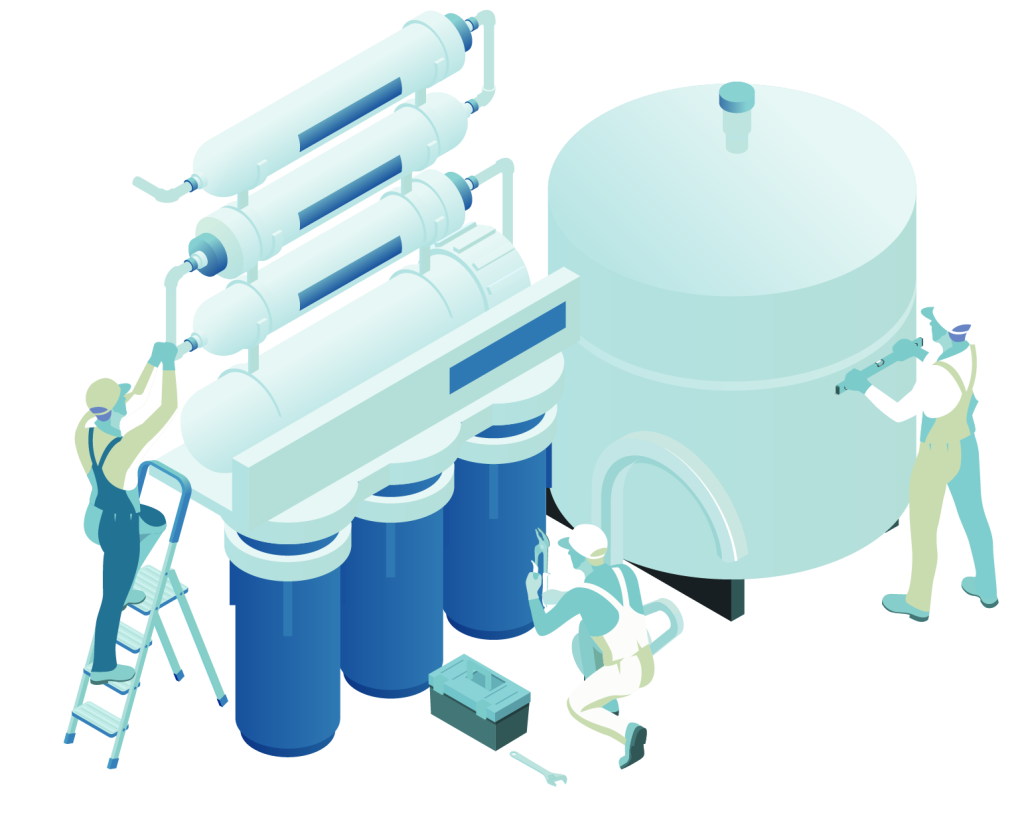 Illustration of a water filtration system with three filters and a large storage tank, featuring workers performing maintenance.